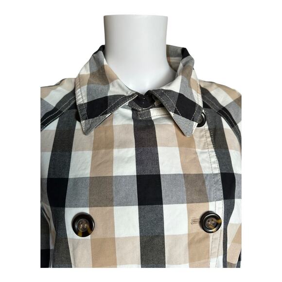 Ann Taylor Medium Weekend Collection tan black cream Plaid Short Trench Coat - Picture 8 of 11